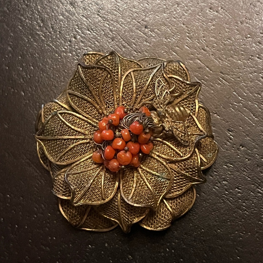 Vintage Gold Tone Flower Brooch with Coral Accents and Bumblebee